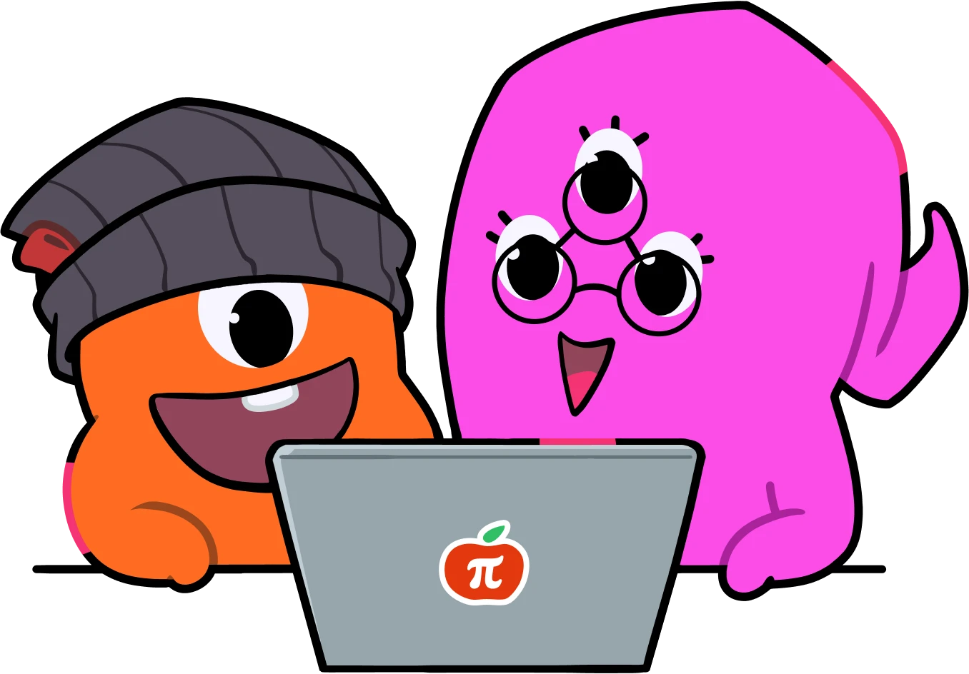 Two cute monsters playing on a laptop